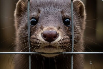 A mink peers through wire mesh fencing, its eyes alert and searching for freedom