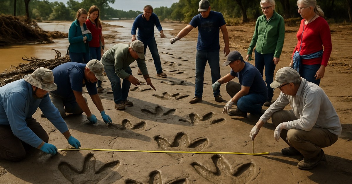 Aerial view of fifteen giant carnivore trackway preserved in ancient Cretaceous stone Texas