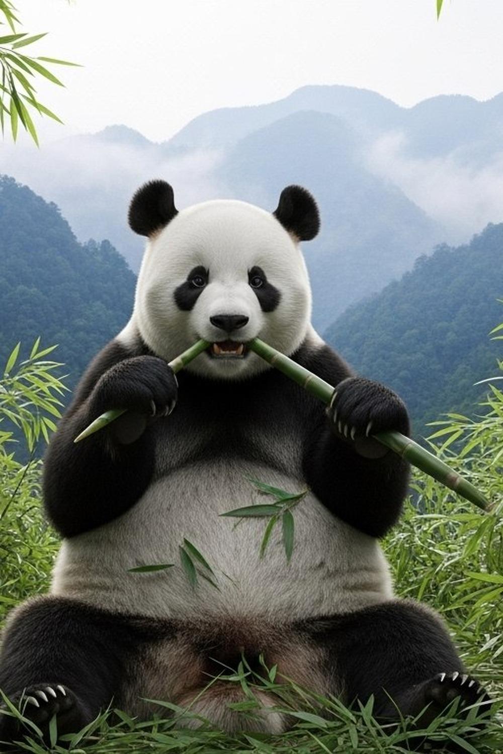 A relaxed giant panda sitting among bamboo stalks in a lush green forest