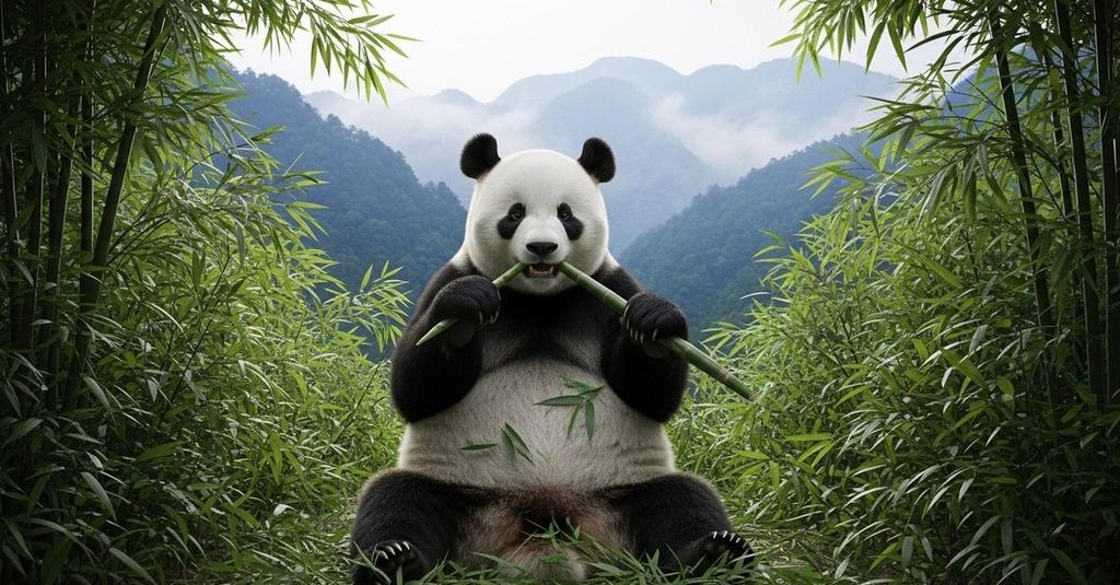 Giant panda cub resting on a mossy branch inside a misty mountain reserve