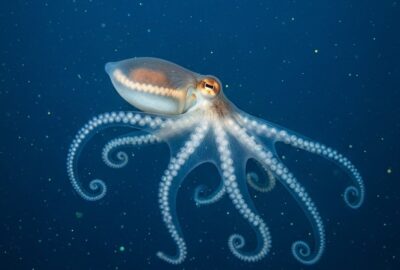 Nearly invisible glass octopus drifting through deep blue ocean water with visible organs