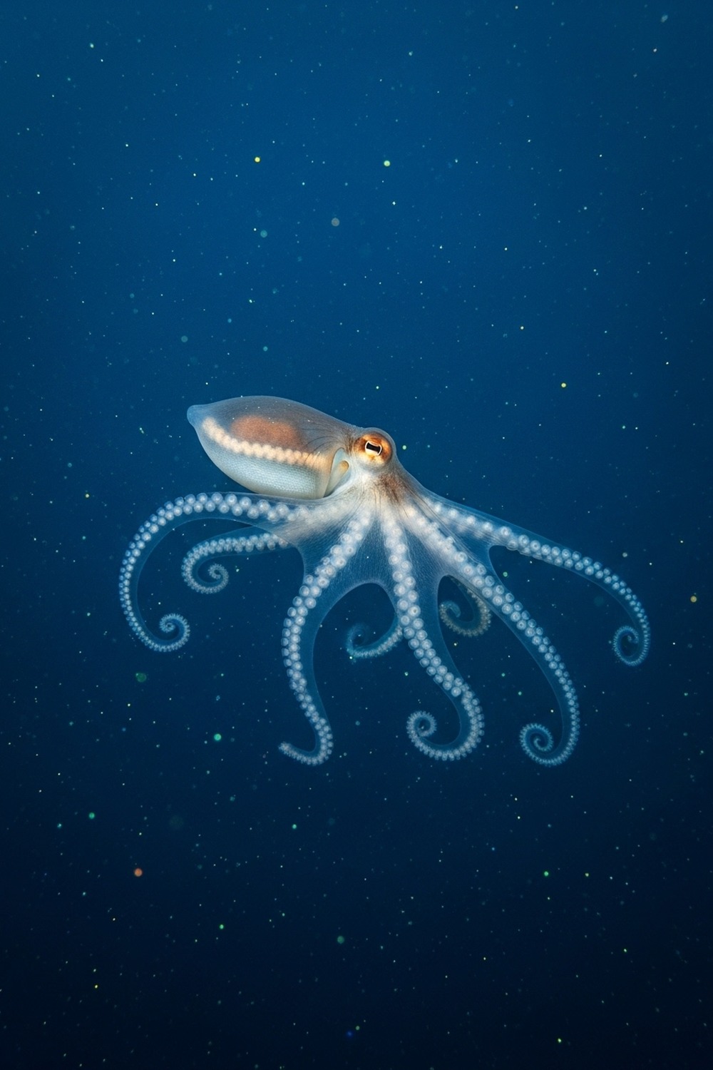 Nearly invisible glass octopus drifting through deep blue ocean water with visible organs