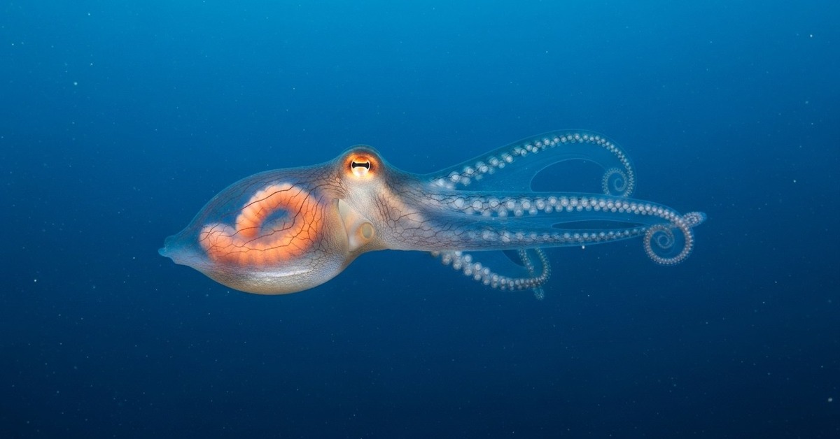 Close-up of glass octopus cylindrical eyes and digestive tract suspended in dark water