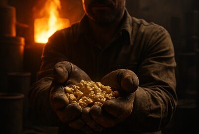 Smiling worker in yellow hard hat holding gleaming gold nuggets recovered from electronic waste