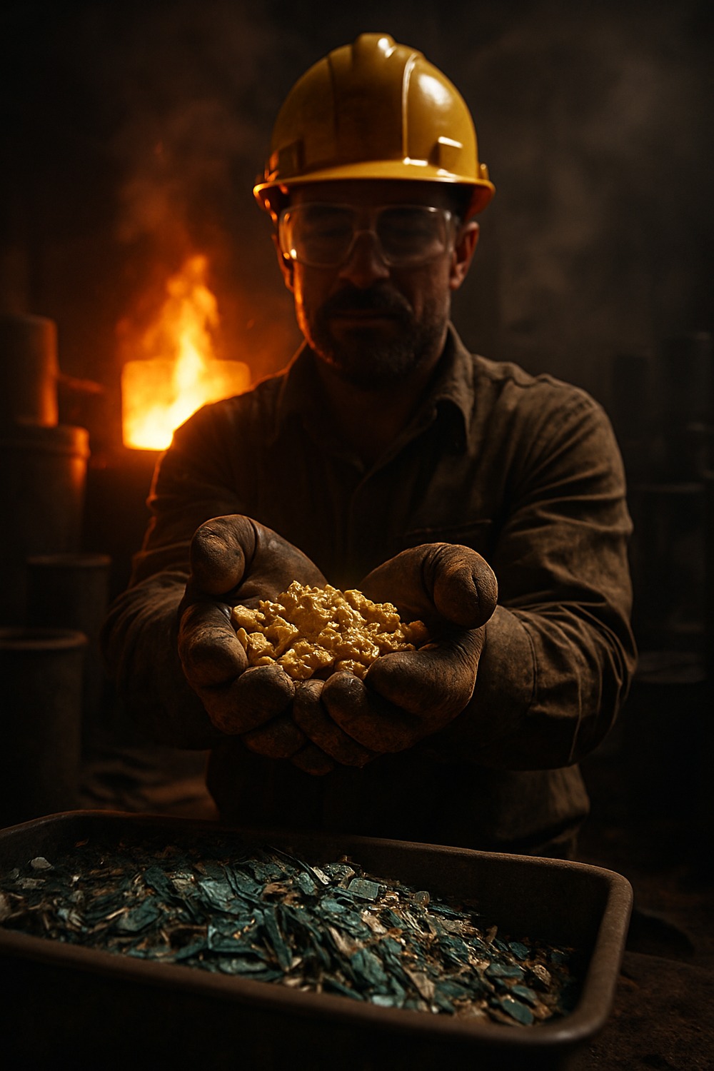 Smiling worker in yellow hard hat holding gleaming gold nuggets recovered from electronic waste