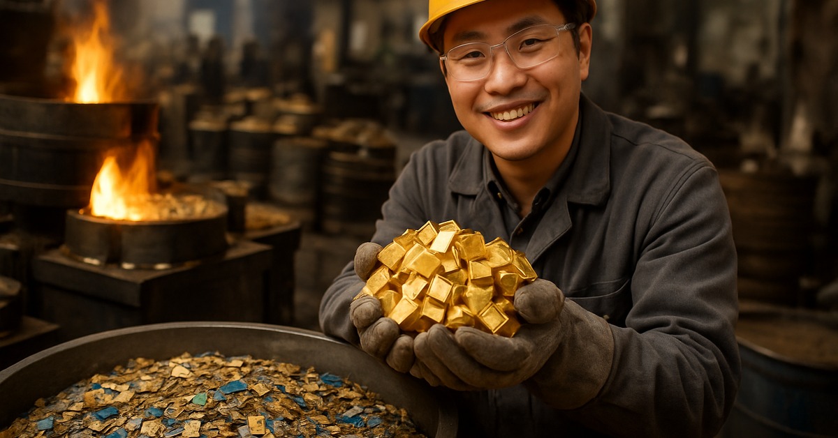 Close-up of molten gold being poured from crucible inside industrial e-waste smelting facility