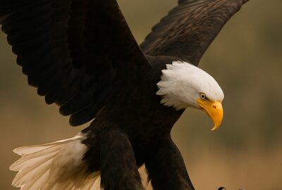 Bald eagle descending with wings spread wide and talons extended toward prey