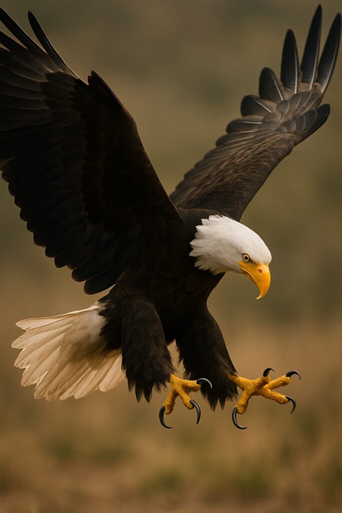 Bald eagle descending with wings spread wide and talons extended toward prey