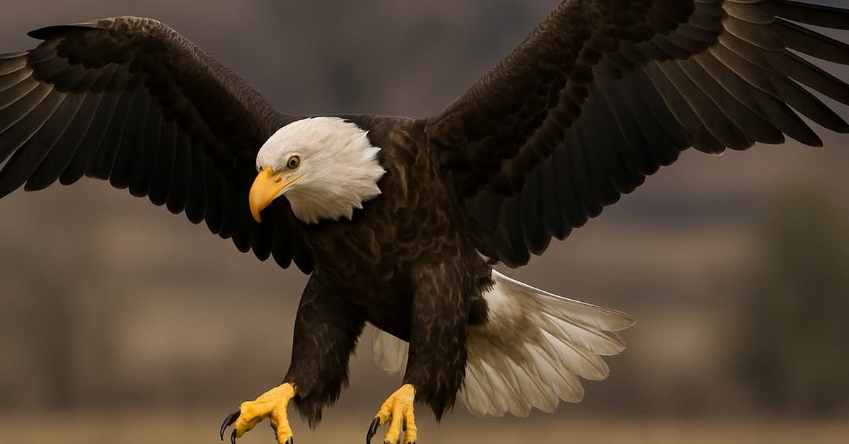 Close-up of bald eagle in flight showing sharp amber eye and separated primary feathers