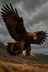 Bald eagle descending with wings spread wide and talons extended toward prey