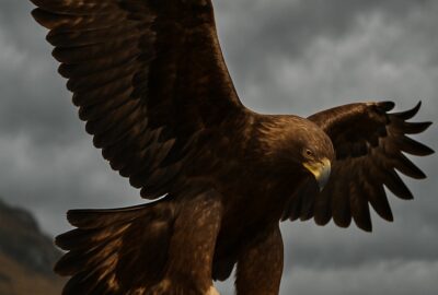 Bald eagle descending with wings spread wide and talons extended toward prey