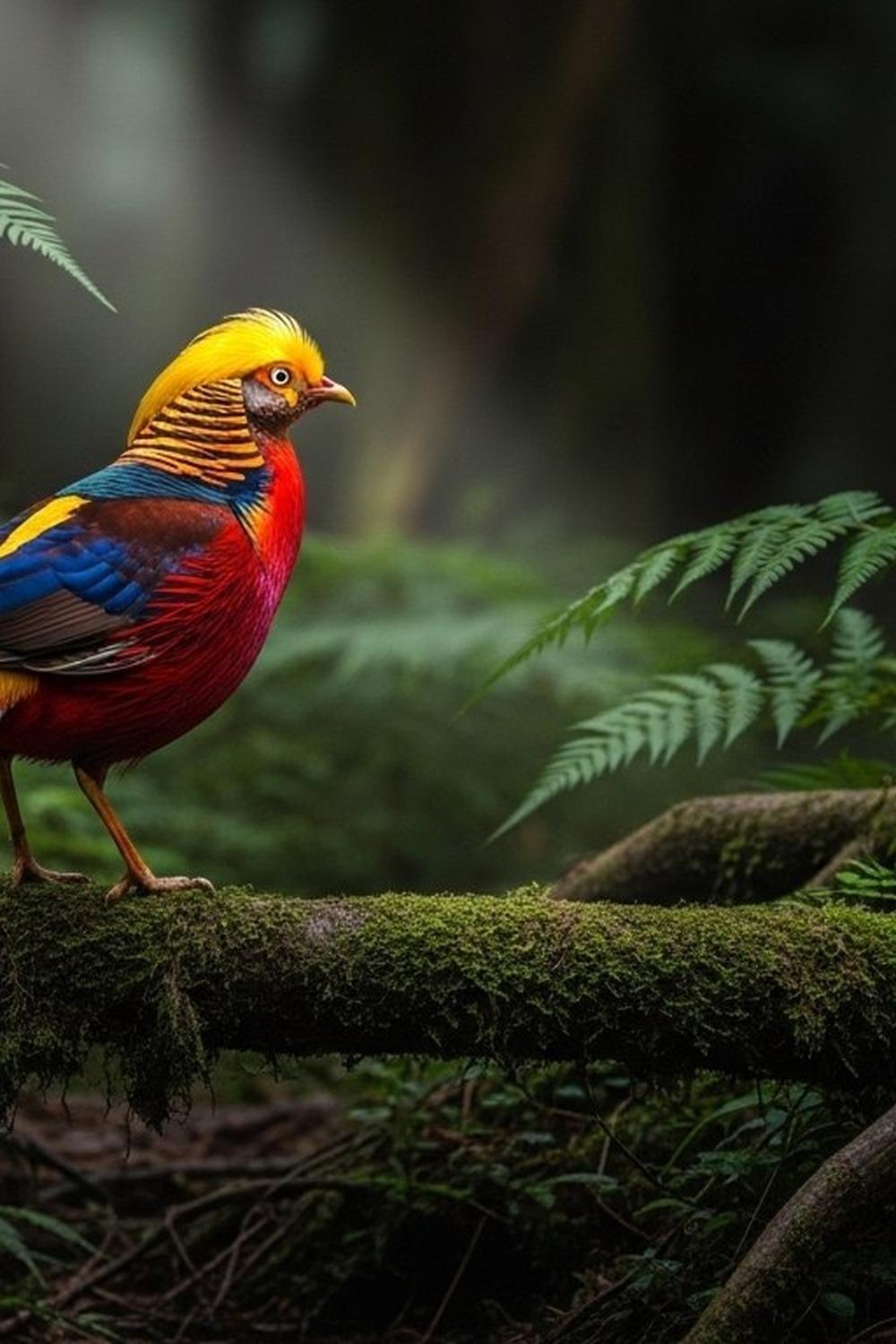 Male golden pheasant displaying vivid scarlet and gold plumage in misty forest undergrowth