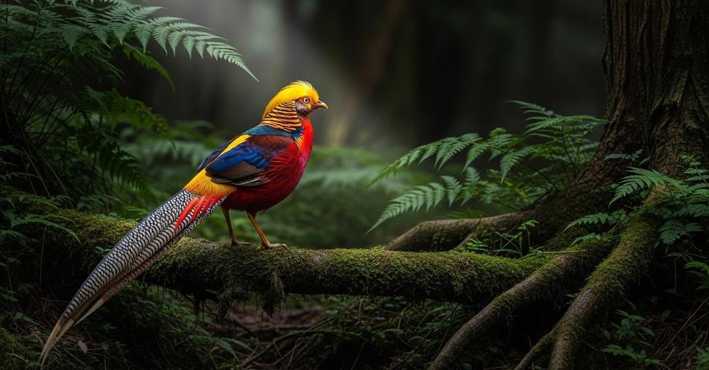 Golden pheasant walking through dappled light on a shadowed mountain forest floor