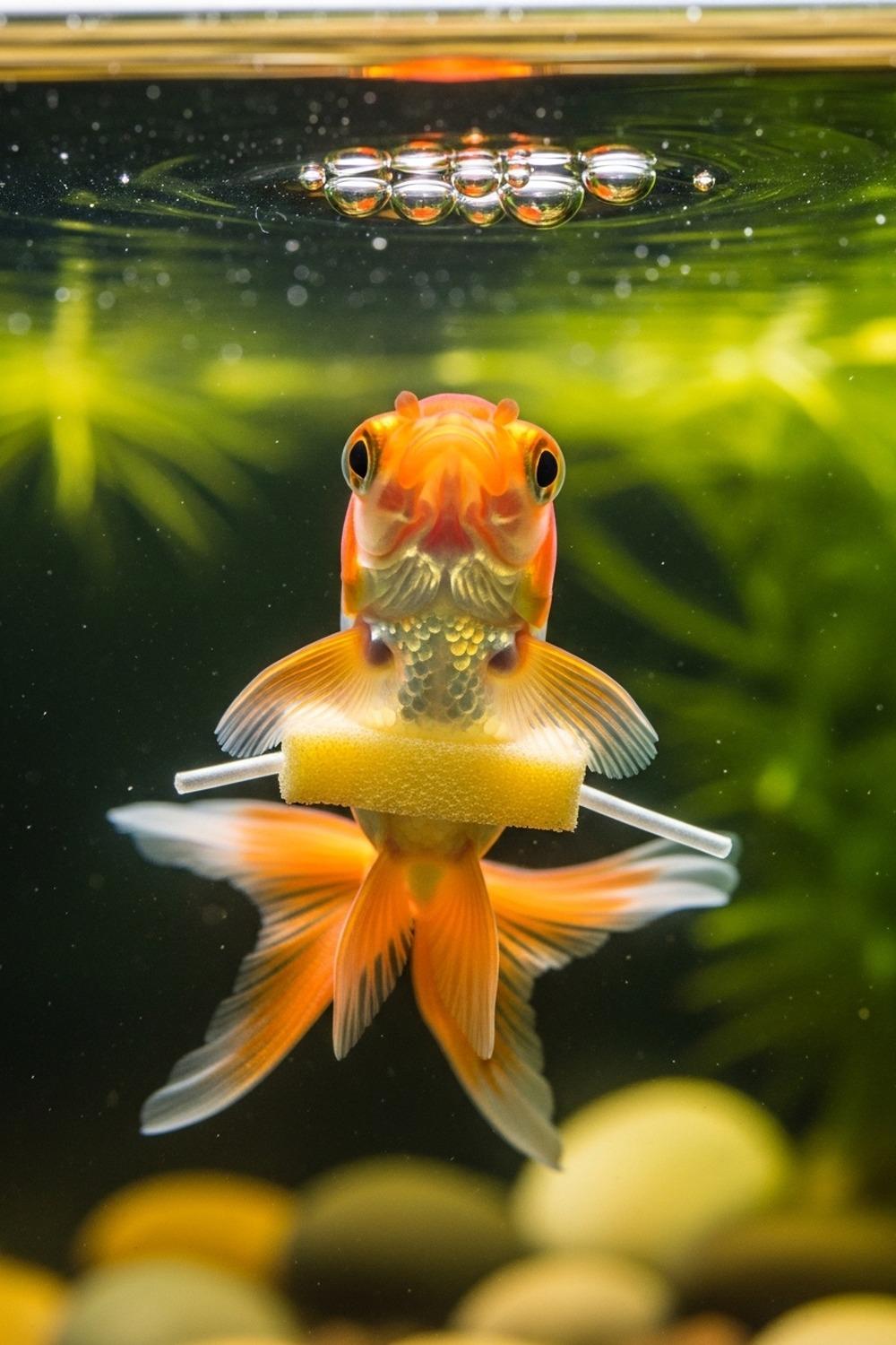 Tiny goldfish wearing a handmade foam flotation harness swimming upright in a tank