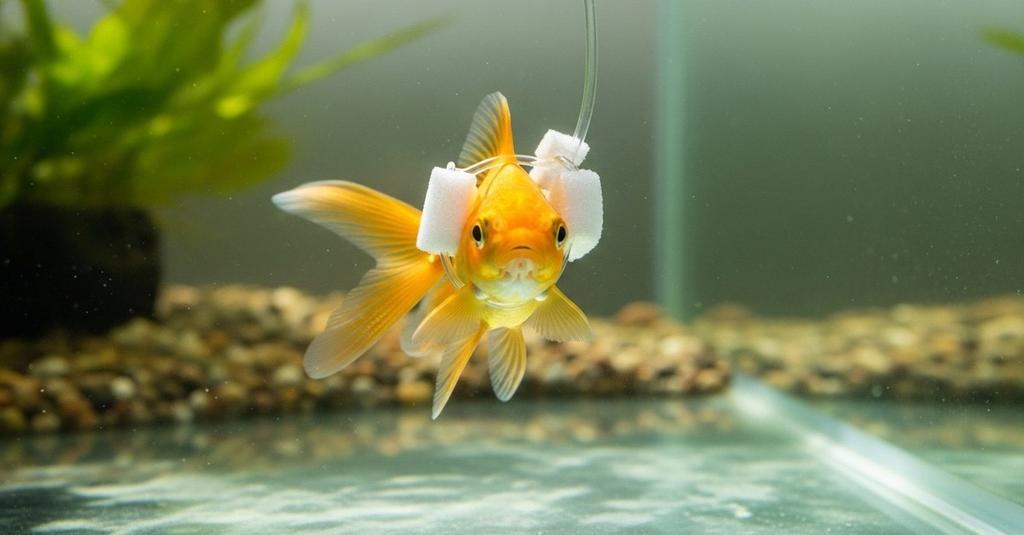 Close-up of a goldfish tilted sideways near water surface showing swim bladder disorder