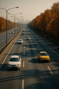 Cinematic autumn highway with long shadows and city skyline in the distance