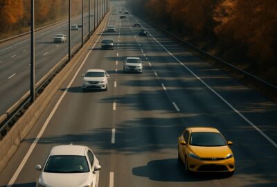 Cinematic autumn highway with long shadows and city skyline in the distance