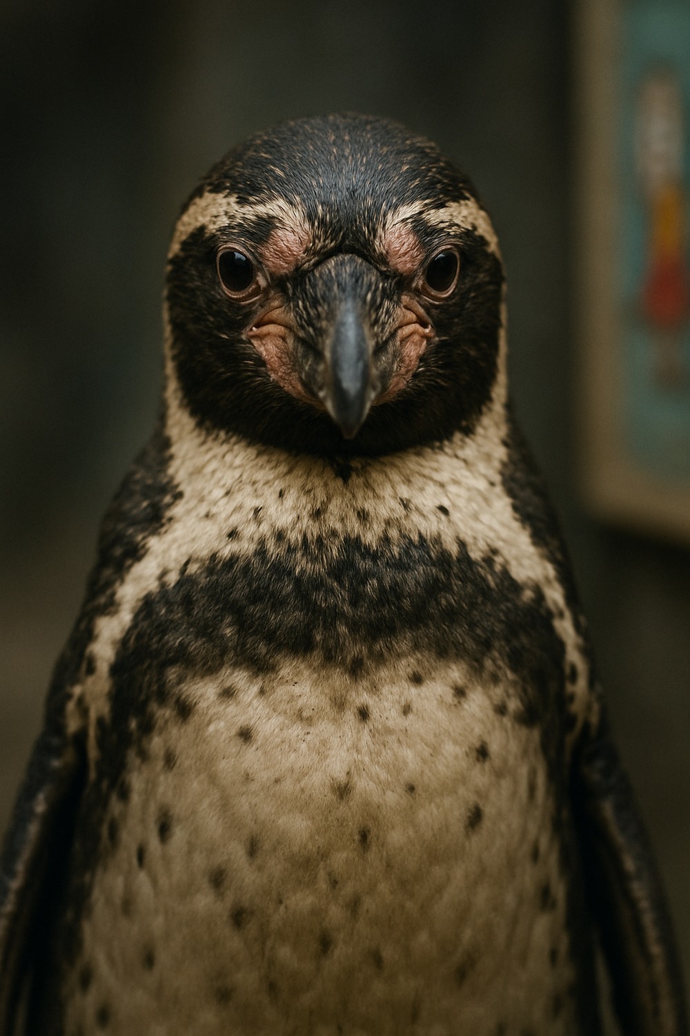 Elderly Humboldt penguin standing alone beside a colorful anime character cutout at a zoo