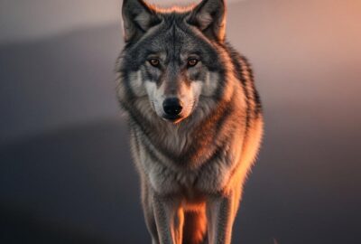Lone gray wolf standing at dusk against a backdrop of misty California mountains