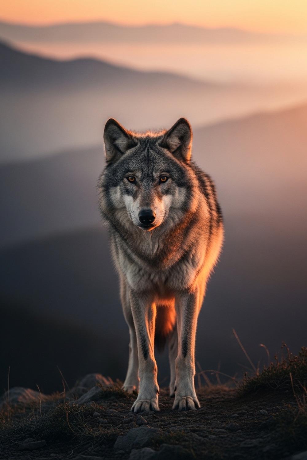 Lone gray wolf standing at dusk against a backdrop of misty California mountains