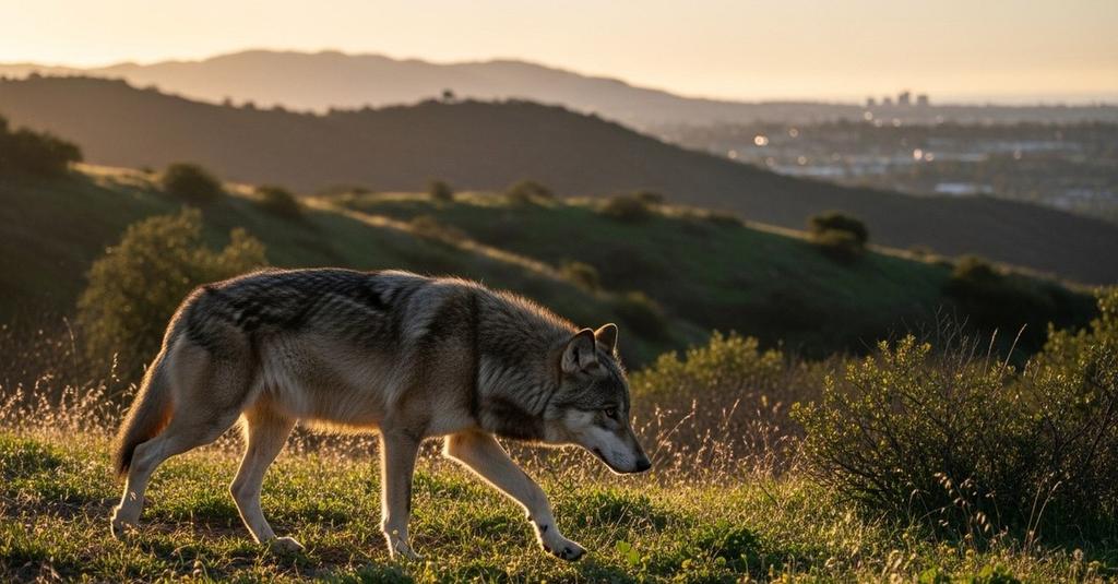 Gray wolf moving silently through a shadowed forest corridor at night