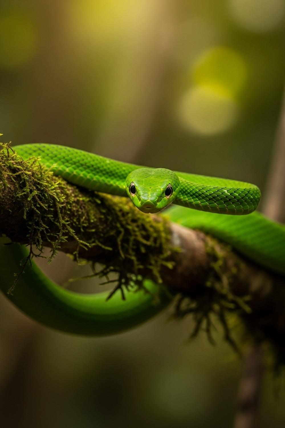 Bright green Ahaetulla vine snake coiled on a forest branch in Sri Lanka