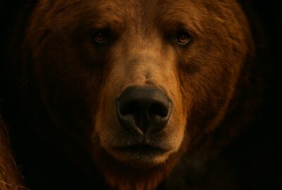 A grizzly bear resting peacefully inside a dark earthen den, facing the camera