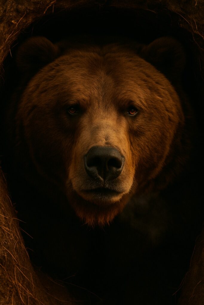 A grizzly bear resting peacefully inside a dark earthen den, facing the camera