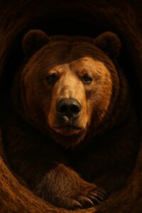 A grizzly bear resting calmly inside a dark fibrous den, facing the camera