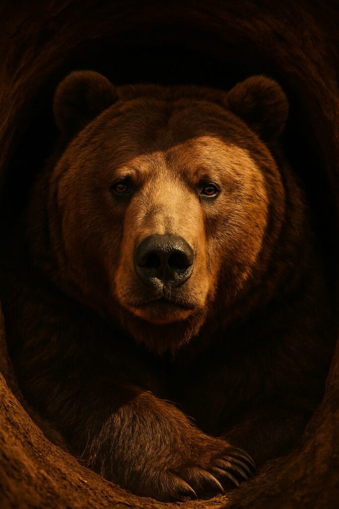 A grizzly bear resting calmly inside a dark fibrous den, facing the camera