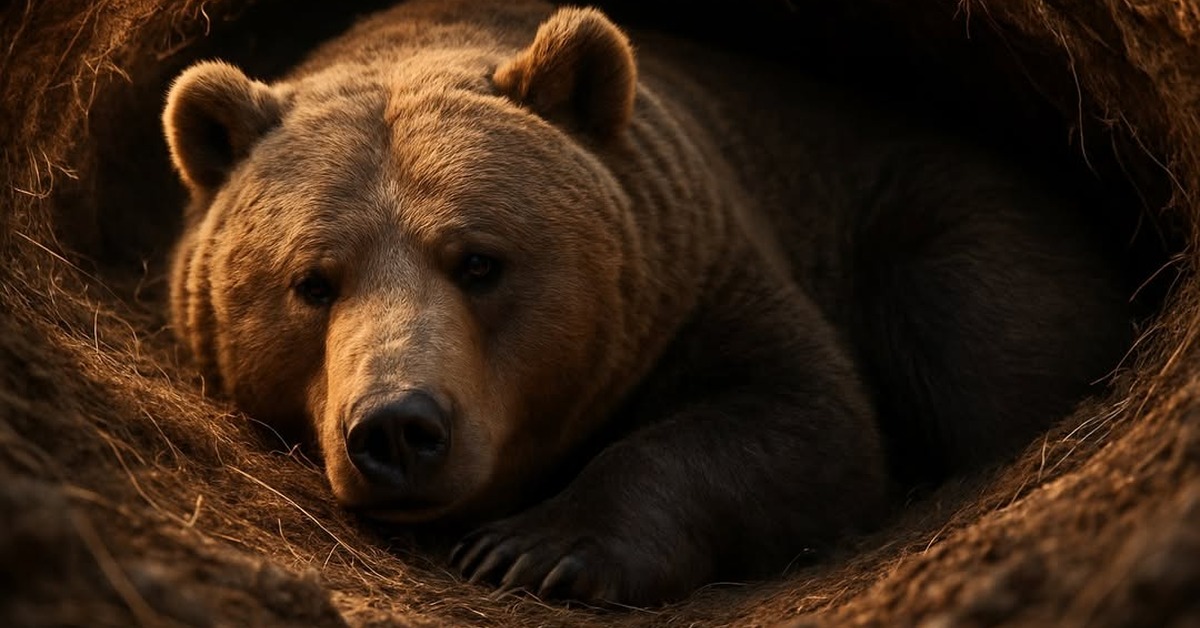 Close overhead view of a grizzly bear curled in a fibrous root-lined winter den