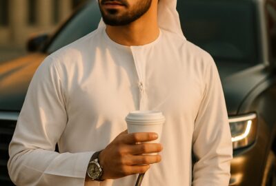 Young Gulf Arab man in white thobe holding coffee beside black Range Rover in Berlin