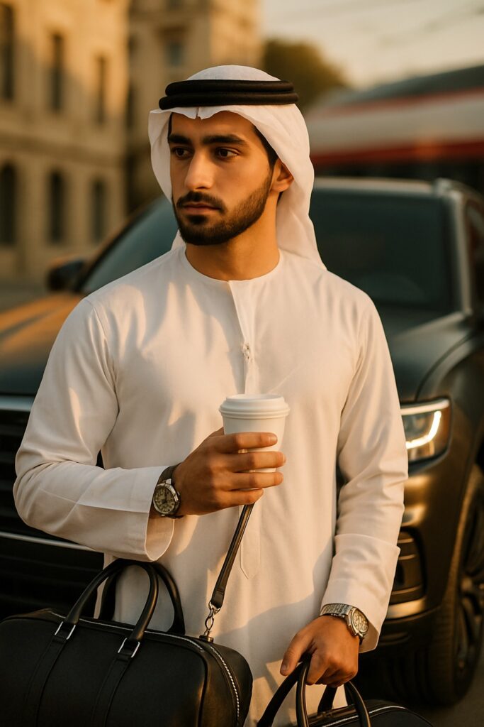 Young Gulf Arab man in white thobe holding coffee beside black Range Rover in Berlin