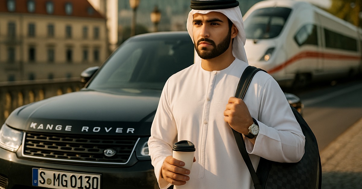 Gulf student in traditional white kandura walking toward a Deutsche Bahn ICE train platform