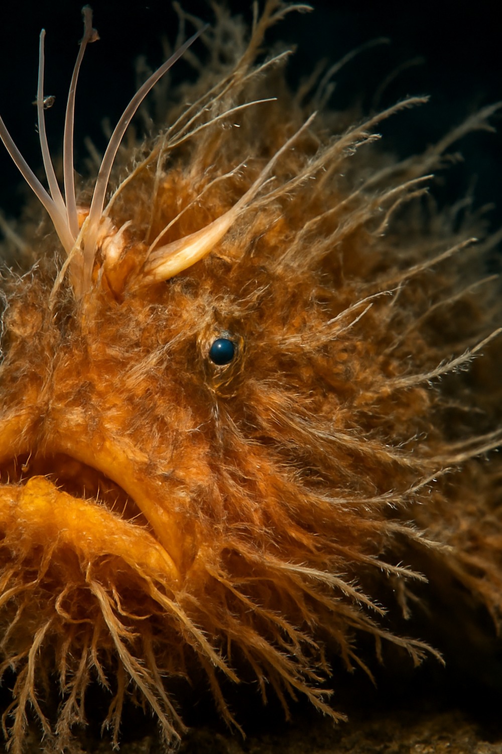 Extreme close-up of hairy frogfish with amber filaments and striking teal eye