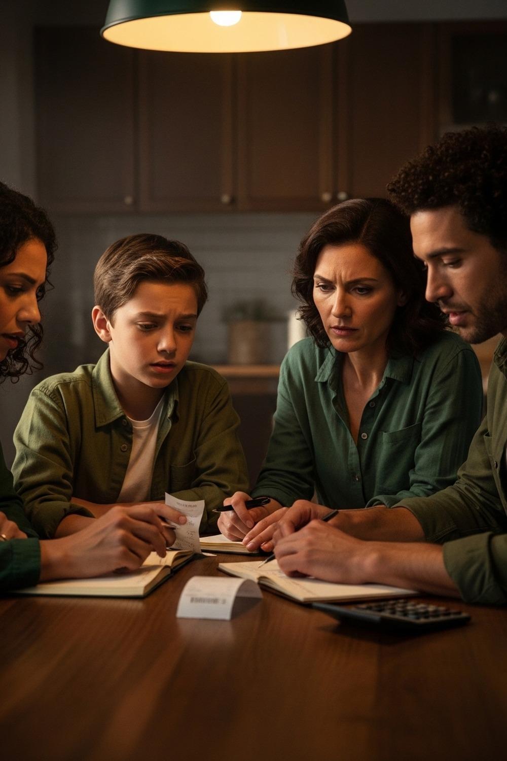 A family reviewing transportation expenses and budget at a kitchen table together