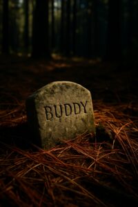 Weathered stone pet grave marker discovered beneath pine needles in a Louisiana forest park