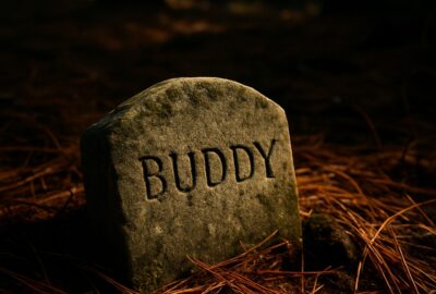 Weathered stone pet grave marker discovered beneath pine needles in a Louisiana forest park