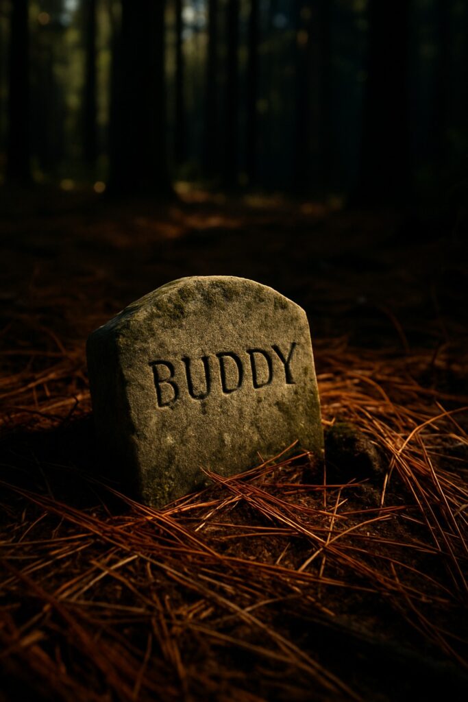 Weathered stone pet grave marker discovered beneath pine needles in a Louisiana forest park