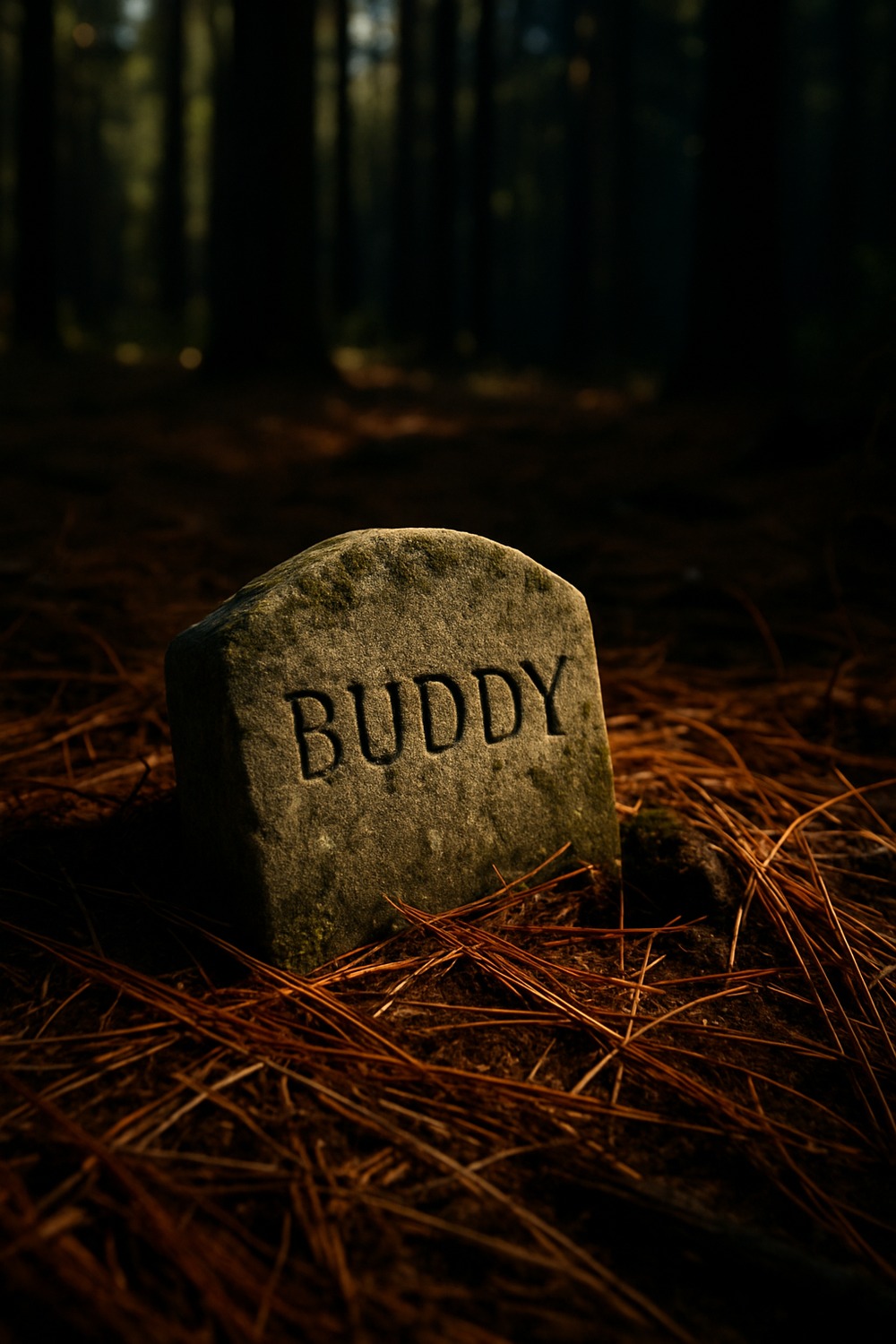 Weathered stone pet grave marker discovered beneath pine needles in a Louisiana forest park