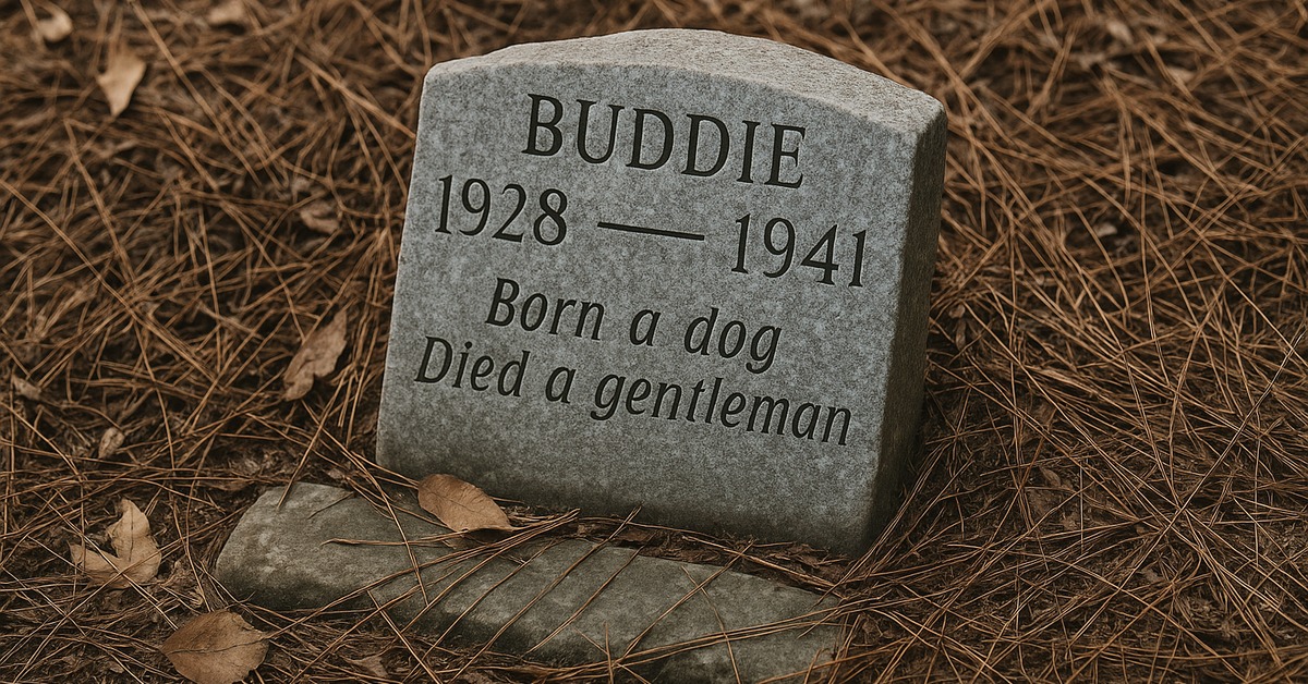 Close-up of an engraved 1940s dog grave marker softened by decades of Louisiana winters