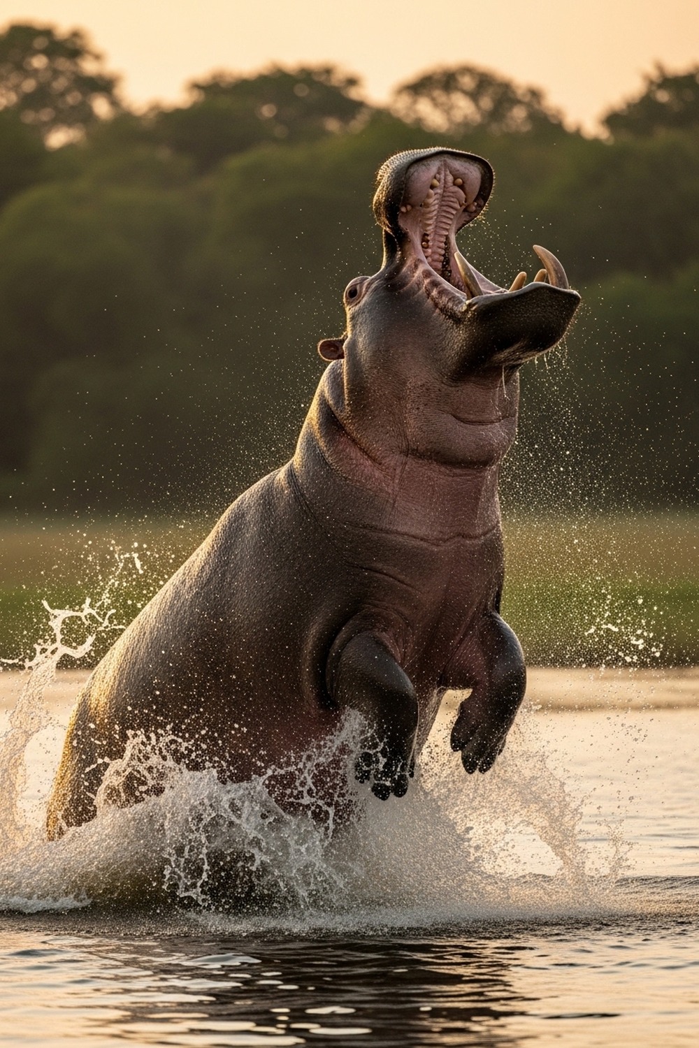 Massive hippopotamus emerging from murky African lake water at dusk with open jaws