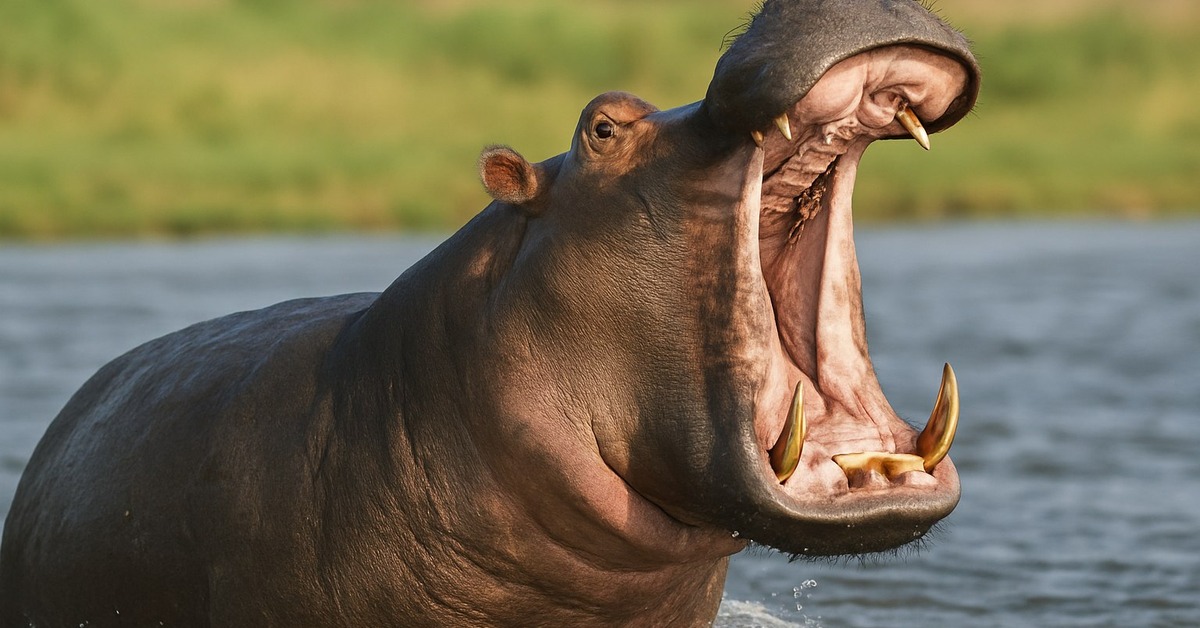 Close-up of hippopotamus powerful jaws showing teeth near calm river surface