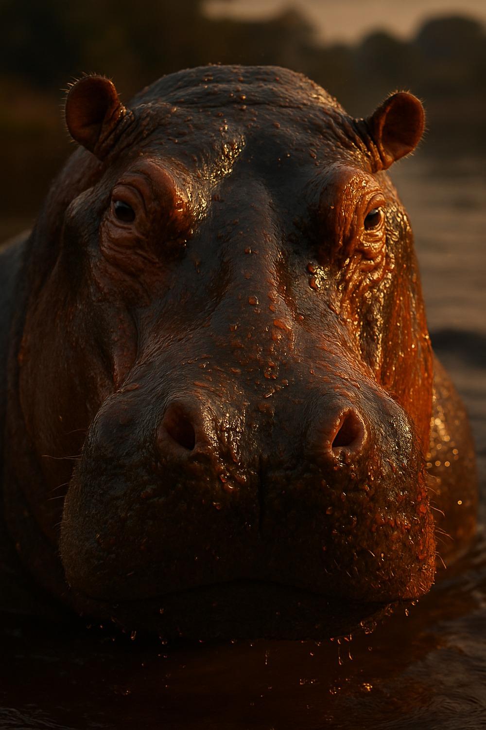 Close-up of a hippo emerging from muddy water with reddish oily sheen on its skin