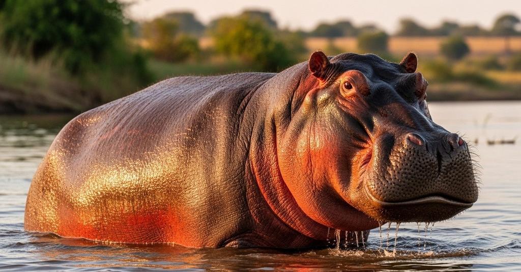 Massive hippo standing on riverbank showing muscular body and long canine teeth
