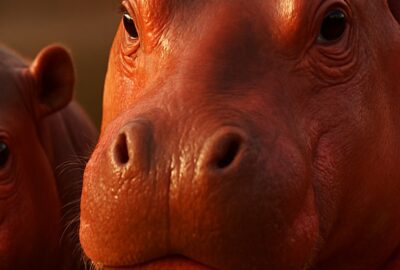 Adult and juvenile hippo glistening in golden light, pink secretion visible on skin