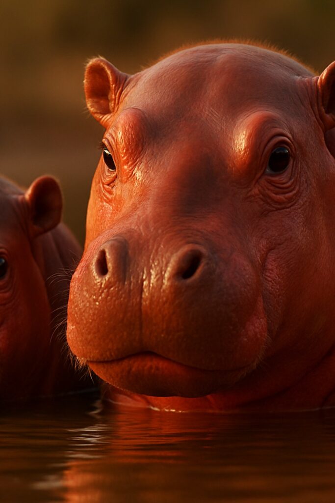 Adult and juvenile hippo glistening in golden light, pink secretion visible on skin