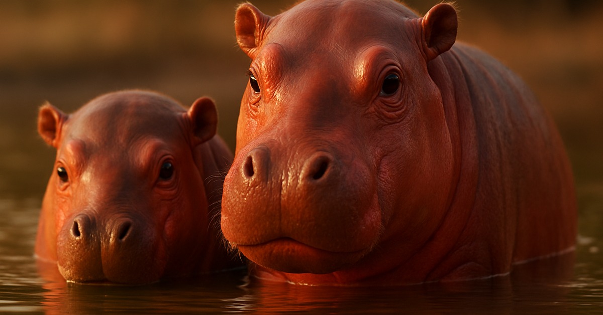 Close-up side view of hippo emerging from river, rosy fluid beading on grey skin