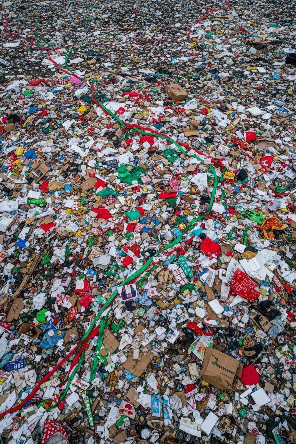 Massive pile of discarded holiday wrapping paper and packaging overflowing a landfill site