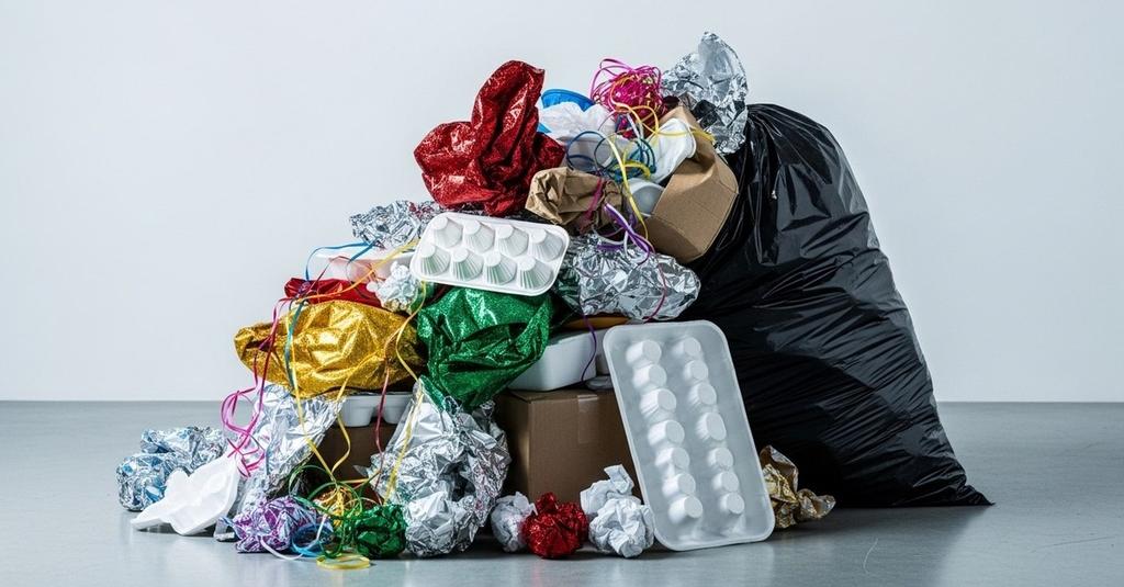 Close-up of glittery metallic gift wrap and tangled tinsel destined for landfill
